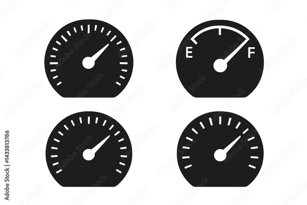 Poster icon set featuring various gauges for measuring levels and performance indicators commonly used in d