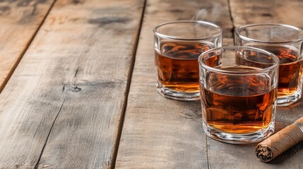 Three glasses of amber liquor on a rustic wooden table, with a cigar