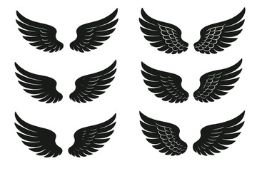 Icon set featuring various designs of black wings for creative projects and digital art