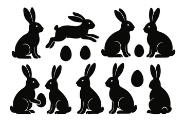 Bunny icon set featuring playful rabbits and decorated eggs for festive occasions and celebrations