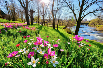 Fototapeta premium Springtime Blooms by a River