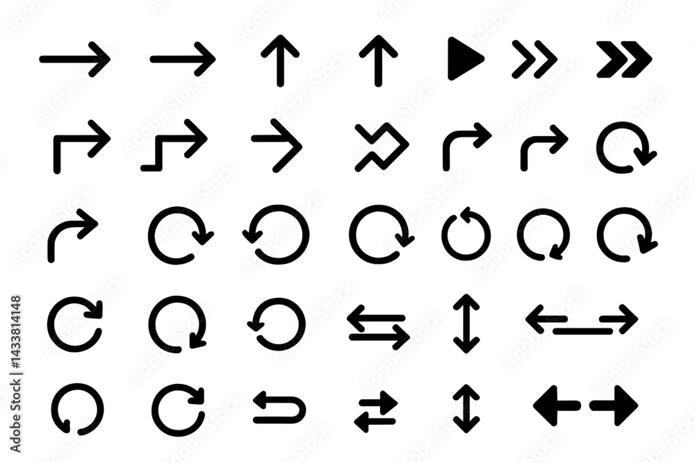 Poster collection of black arrow and circular icons representing navigation and actions for digital applica
