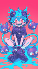 A young character with spiky blue hair sits cross-legged, surrounded by playful black cats. Colorful fluid flows around them, creating a whimsical and lively atmosphere