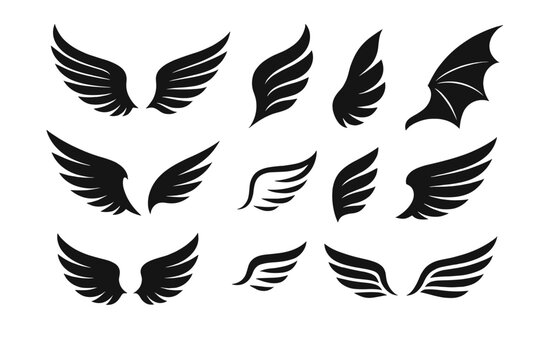 Collection of black wing icons suitable for various design projects and creative applications