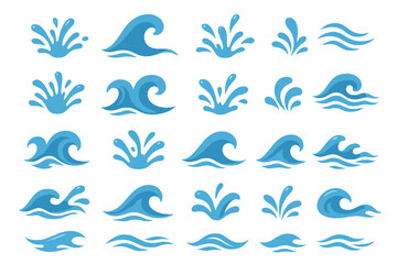 Diverse collection of blue wave and splash icons suitable for aquatic themes and designs