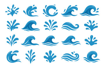 Varied blue wave and splash icons suitable for design projects and digital applications