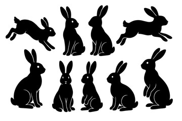 Variety of black rabbit icons in different poses showcasing motion and stillness for design purposes
