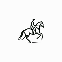 A stylized graphic of a rider on a horse, likely a logo or design element.