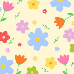 Colorful flower seamless pattern with yellow background. Various floral set illustration.