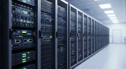 Sleek Data Center Interior with Rows of Servers and Glowing Lights in a Modern Facility