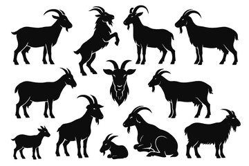 Collection of goat icons in various poses includes standing, walking, and sitting designs suitable for creative projects
