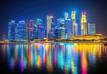 Fototapeta premium Vibrant cityscape at night, reflected in calm water