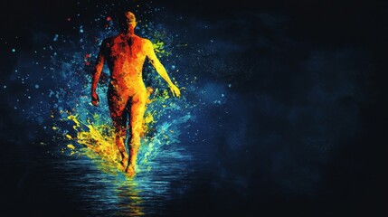Abstract Human Figure Walking on Water with Colorful Splashes