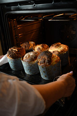 Easter cakes are baked in the oven. I take homemade Easter bread out of the oven. Happy Easter!	