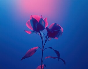 Obraz premium Two roses illuminated by pink and blue neon light.