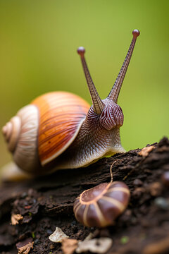 Detailed macro of garden snail facing forward on dark wood bark