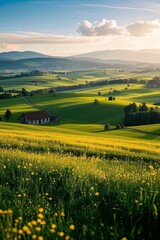 Fototapeta premium a view of a green field with a house in the distance