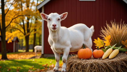 Fototapeta premium Curious white goat beside hay bale with pumpkins, cozy Thanksgiving vibe