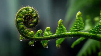 A leaf with a spiral shape and some water droplets on it. Concept of growth and renewal, as the spiral shape of the leaf suggests new beginnings and the water droplets add a sense of freshness