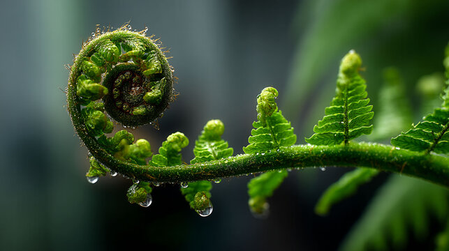 A leaf with a spiral shape and some water droplets on it. Concept of growth and renewal, as the spiral shape of the leaf suggests new beginnings and the water droplets add a sense of freshness