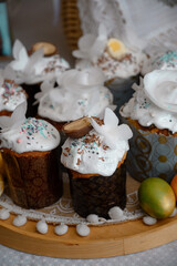 Composition with delicious Easter cakes and colored eggs. Close-up. Traditional Ukrainian Easter cake. Happy Easter	