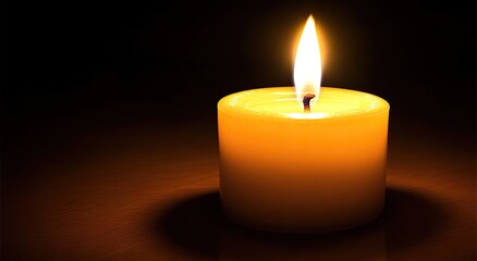 A single, lit candle with a yellow flame stands on a dark surface