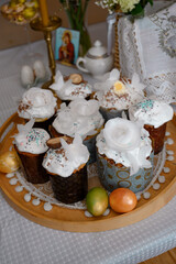 Composition with delicious Easter cakes and colored eggs. Close-up. Traditional Ukrainian Easter cake. Happy Easter	