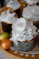 Composition with delicious Easter cakes and colored eggs. Close-up. Traditional Ukrainian Easter cake. Happy Easter	