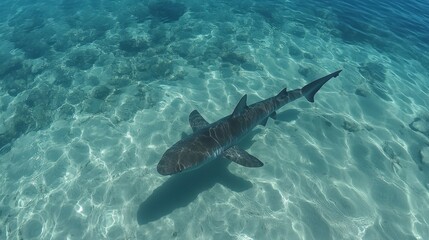 Fototapeta premium Underwater View of a Shark Swimming in Shallow, Sunny Water