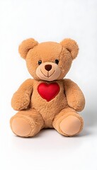 Fototapeta premium A light brown plush teddy bear sits against a white background It features a red heart appliqu? on its chest