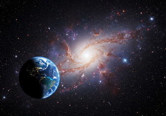 Obraz premium Earth and Spiral Galaxy: Stunning Space Background Image for Astronomy and Science Projects