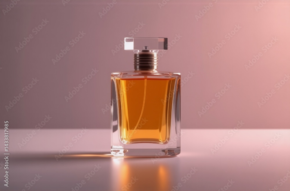 Poster a clear glass perfume bottle with amber liquid sits on a reflective surface against a soft pink back