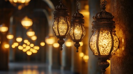 Ornate hanging lanterns in a grand hall