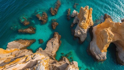 Aerial splendor of coastal caverns and turquoise waters