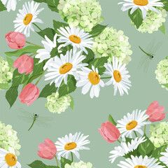 Seamless vector illustration with hydrangea, chamomile, tulips and dragonflies on a gray background. For decorating textiles, packaging, paper.