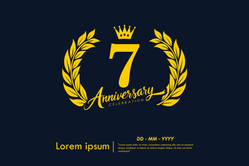 7th years anniversary celebration emblem. yellow anniversary logo isolated with laurel wreath and crown on dark background. vector illustration template design for web, flyers, poster, greeting card