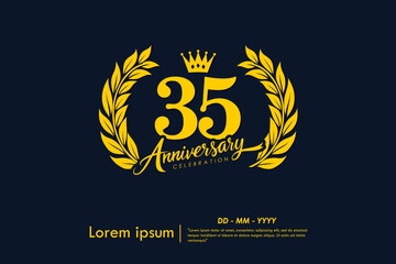 35th years anniversary celebration emblem. yellow anniversary logo isolated with laurel wreath and crown on dark background. vector illustration template design for web, flyers, poster, greeting card