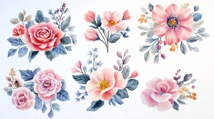 cute watercolor floral bouquet, each featuring various types and colors of flowers in vases or mason jars against the white background.