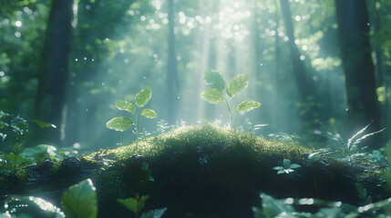 Fototapeta premium Sunbeams Illuminate Young Plants in Lush Forest