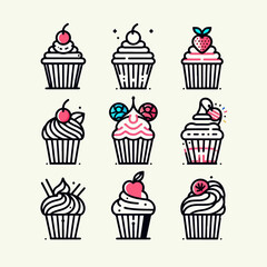 Collection of nine illustrated cupcake designs with different toppings.