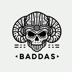 A stylized skull with ornate details and horns, set against a bold "BADDAS" text.