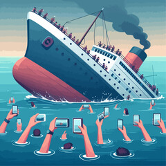 A sinking ship depicted with people filming it with cell phones, illustrating the potential disconnect between witnessing tragedy and immediate assistance.