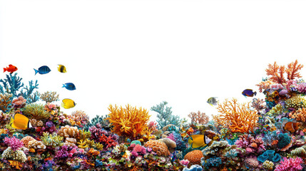 Colorful coral reef with tropical fish on white background