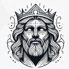 A stylized, detailed illustration of Jesus's head and shoulders, wearing a crown, in a black and white line art style.