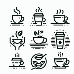 A set of black and white line art icons representing various coffee and tea beverages.