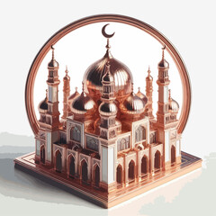 A meticulously crafted 3D model of a mosque, showcasing ornate details and a rose gold finish.