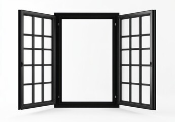 Open Black Window Frame with Multiple Panes Against White Background