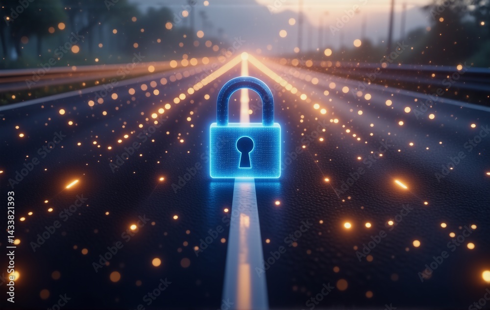 Aufkleber A glowing blue padlock sits at the center of a long, dark highway stretching towards a bright horizon, symbolizing digital security and the journey towards data protection.