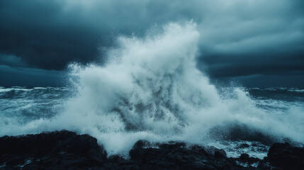 Obraz premium Oceanic Tempest: A captivating image capturing the raw power of the ocean as a colossal wave crashes against rugged coastal rocks under a dramatic, stormy sky.