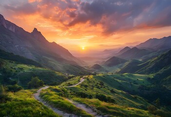 a winding dirt path leads through lush green valleys toward distant, sun-drenched mountains under a vibrant and dramatic sunset sky.